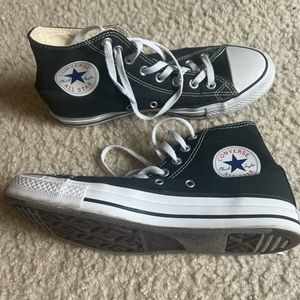 Only worn 1 time, black high top converse